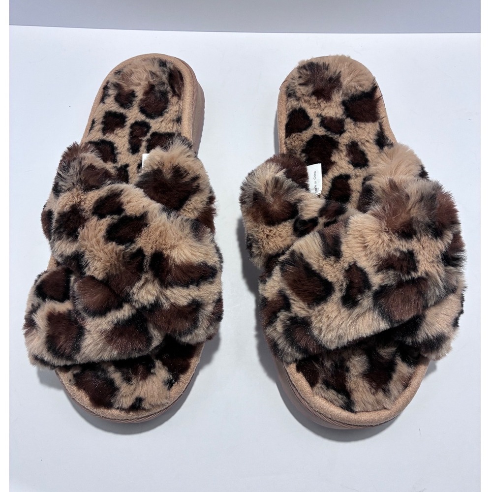 Womens Leopard Print Faux Fur Cross Band Slippers Platform Slides Animal SZ 8